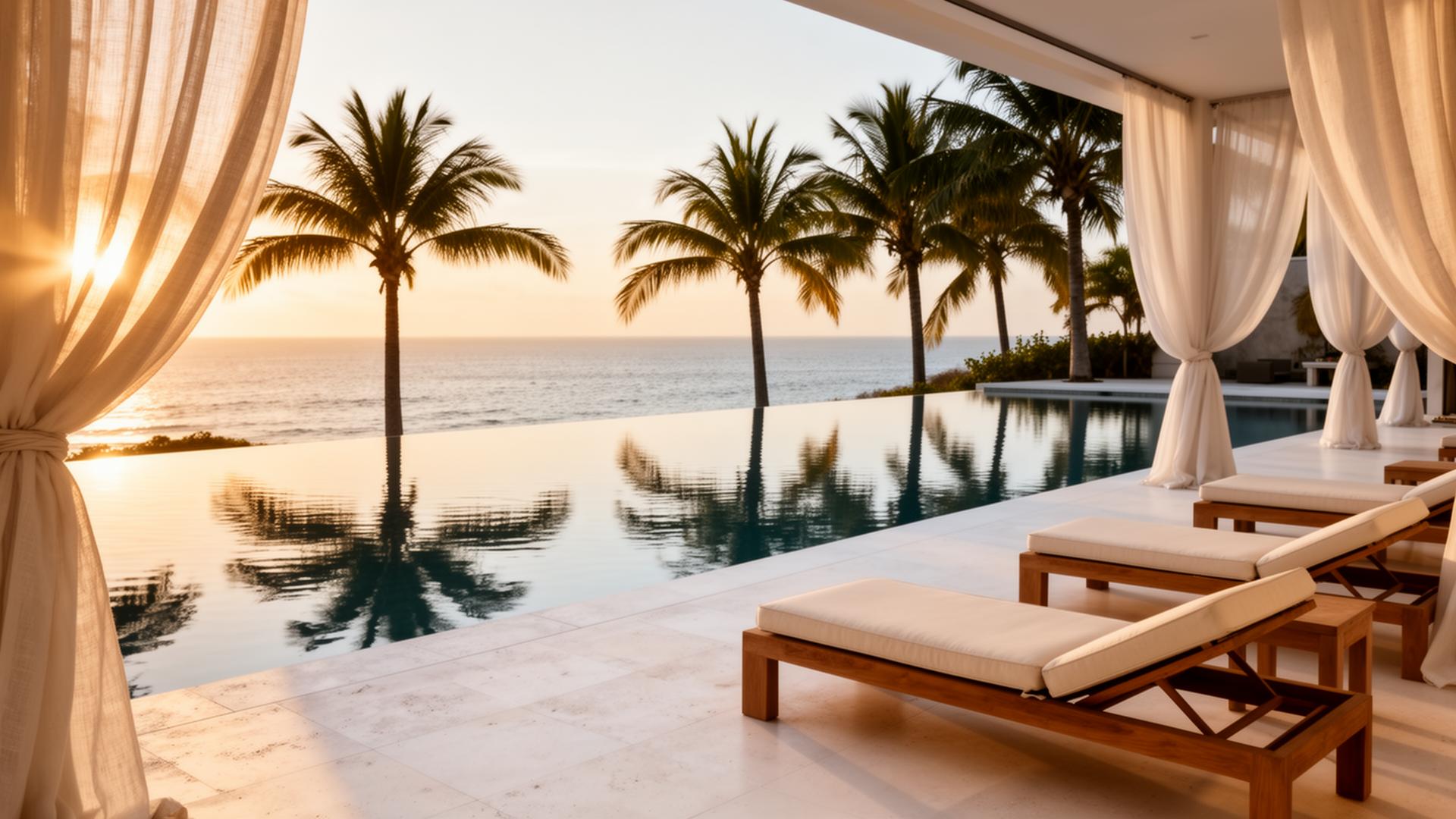 Luxury oceanfront pool with teak loungers at golden hour