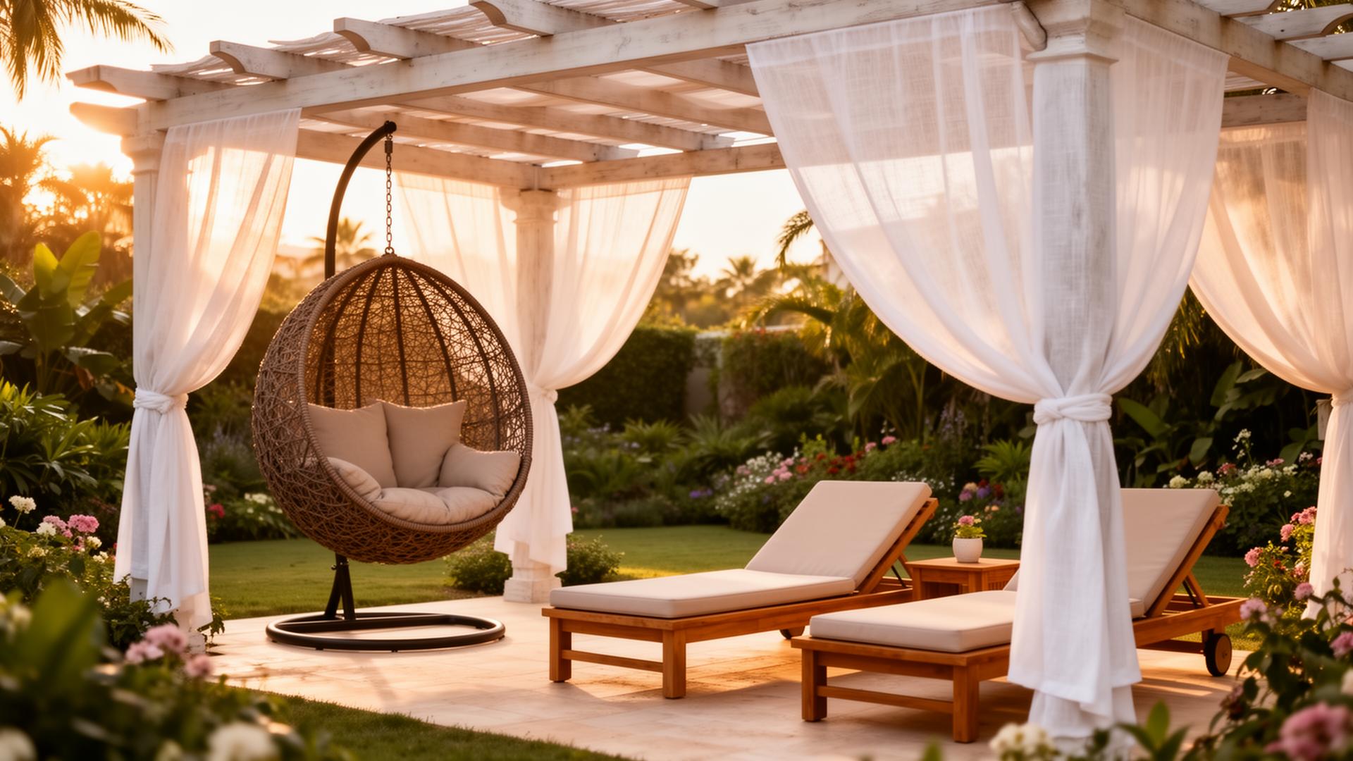Luxury pergola with hanging egg chair and loungers at golden hour